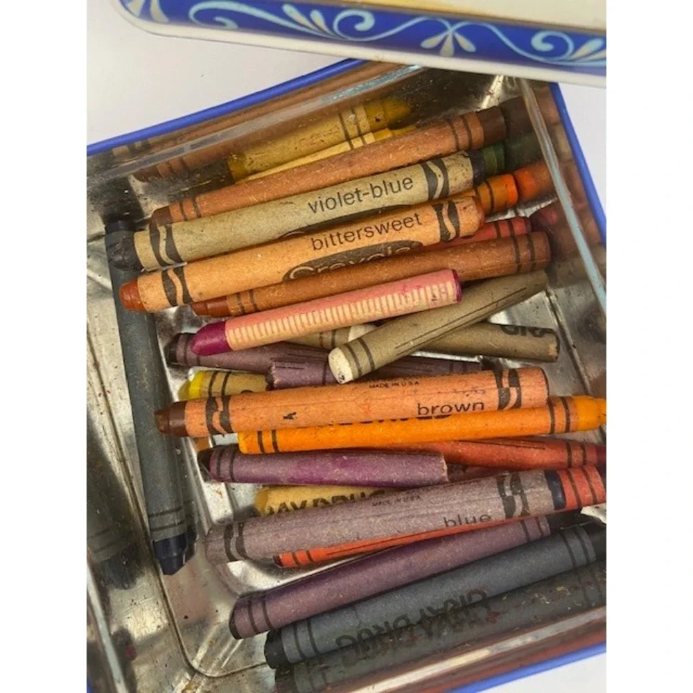 Vintage Crayola Gray Drug Crayon Collection in Daher Winter Farm Scene Metal Tin